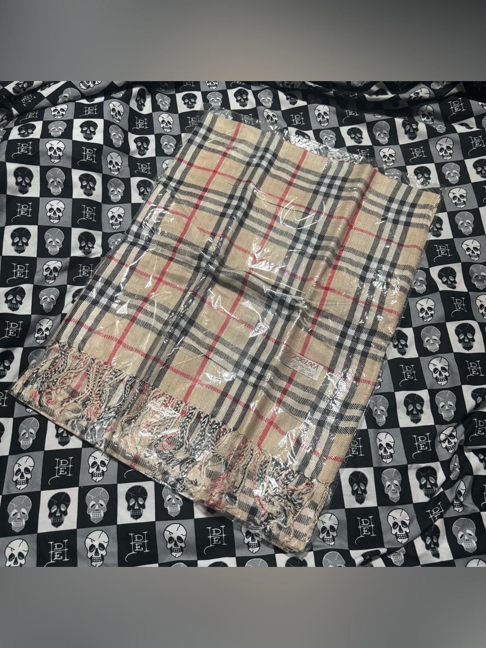Pashmina Italian Plaid Beige Red Black Scarf